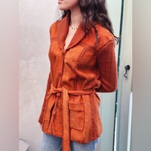 Vintage 1970s Terracotta Leather Suede Knit Crochet Hooded  Jacket Coat